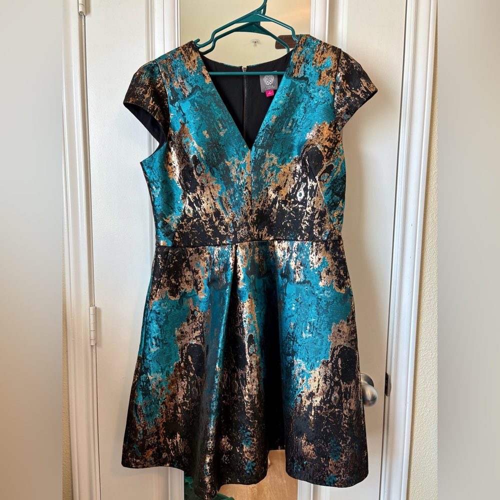 Vince Camuto Jacquard Cap Sleeve V-Neck Fit-and-Flare Dress- 12